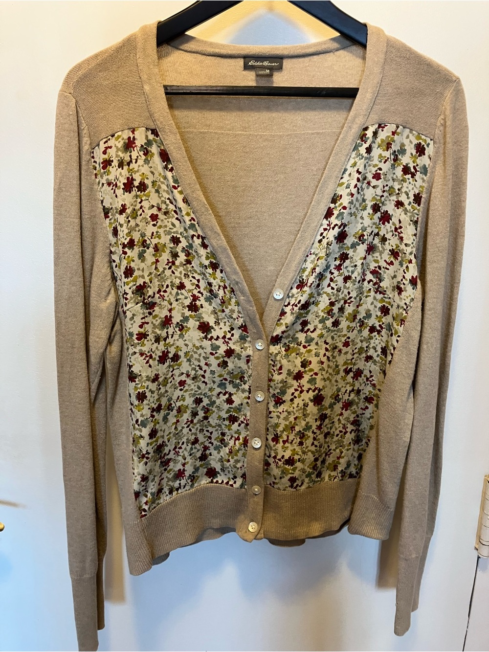 Eddie Bauer Beige Cardigan with Floral Front Panels
